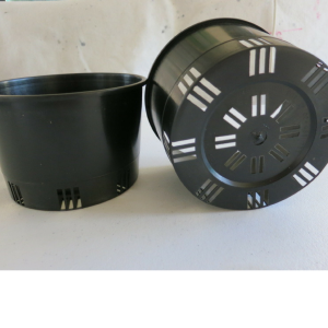 two small black plastic pots