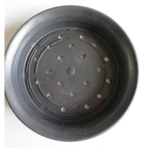 one black plastic saucer pot with holes
